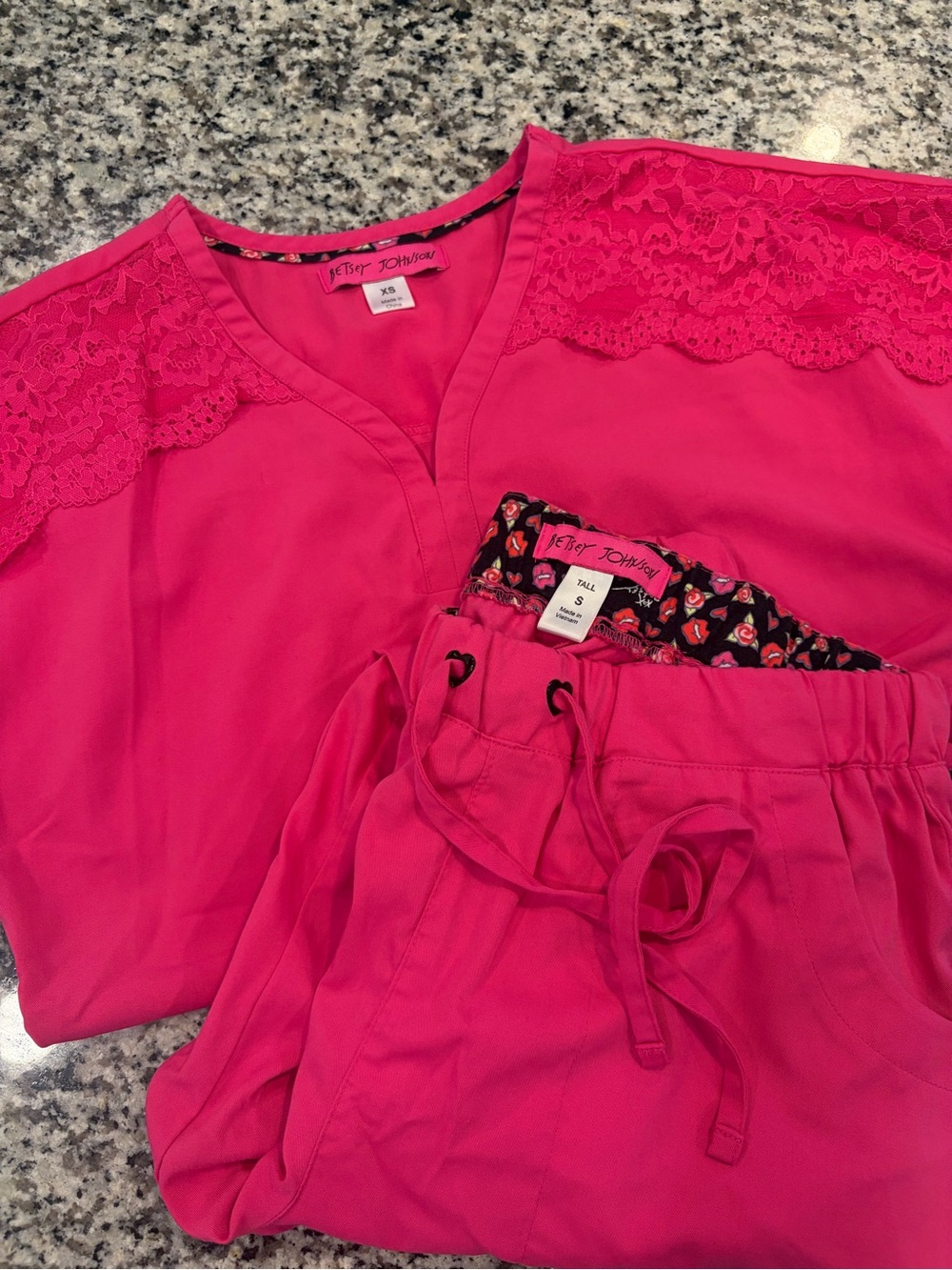 Betsey Johnson Vibrant Pink Lace-Trim V-Neck Scrub Top with Drawstring Joggers